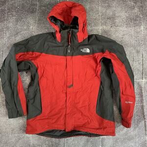 Men's The North Face Red Gray Hyvent Fleece Lined Hooded Windbreaker Jacket Sz L